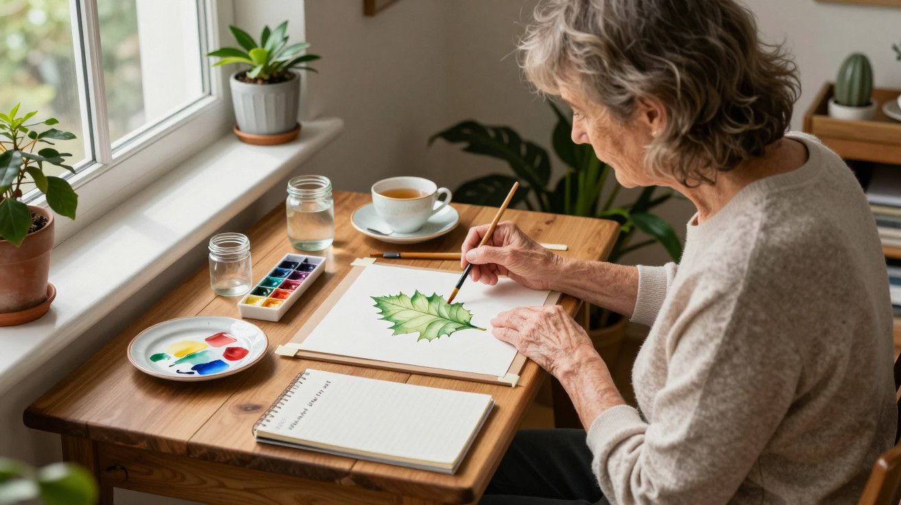 Mulher a pintar uma folha em aguarela, sentada junto a uma janela com plantas ao redor.