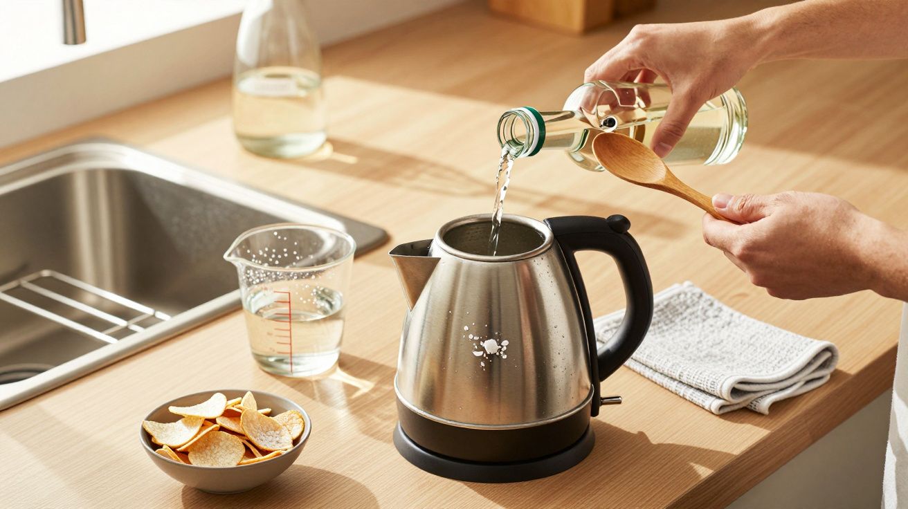 Pessoa a encher um fervedor de aço inoxidável com água, numa cozinha com bancada de madeira.