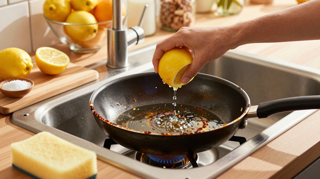 Mão espreme limão sobre frigideira no lava-loiça, com limões ao fundo e esponja ao lado.