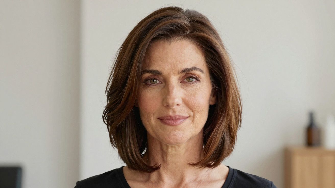 Mulher de cabelo castanho e curto, sorrindo levemente, em fundo claro e desfocado.