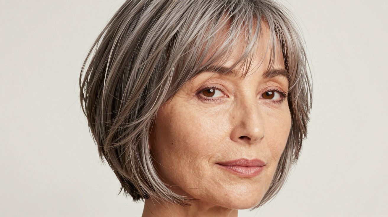 Mulher com cabelo grisalho curto e expressão serena, olhando ligeiramente para a câmera. Fundo neutro.