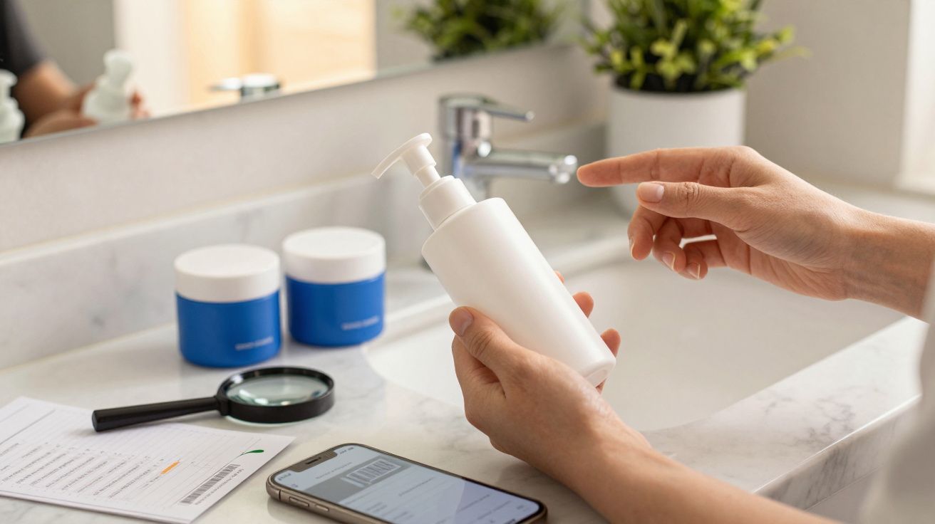 Pessoa segura frasco de loção no banheiro, com cosméticos, lupa e smartphone sobre a bancada.