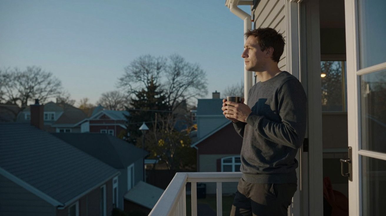 Homem de pé numa varanda, segurando uma caneca, olhando para o horizonte ao pôr do sol, com casas ao fundo.