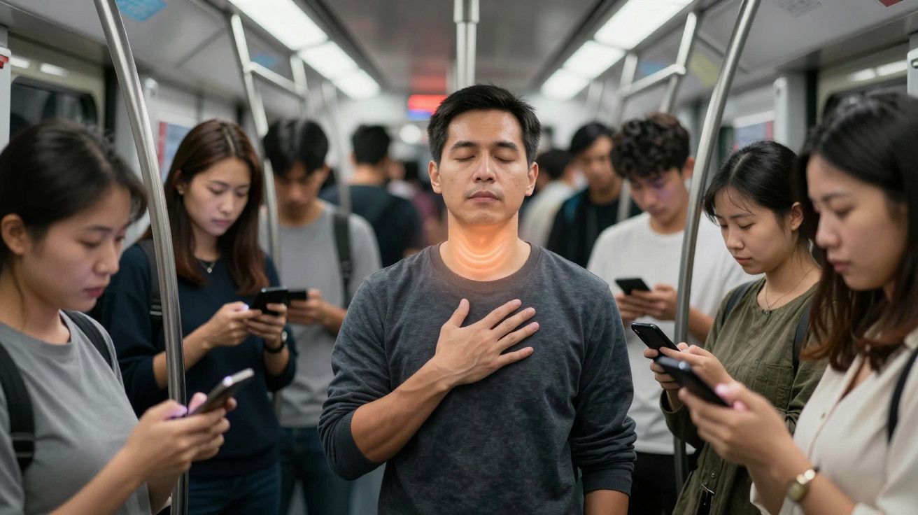 Homem meditando num metro lotado; outros passageiros estão distraídos com os seus telemóveis.