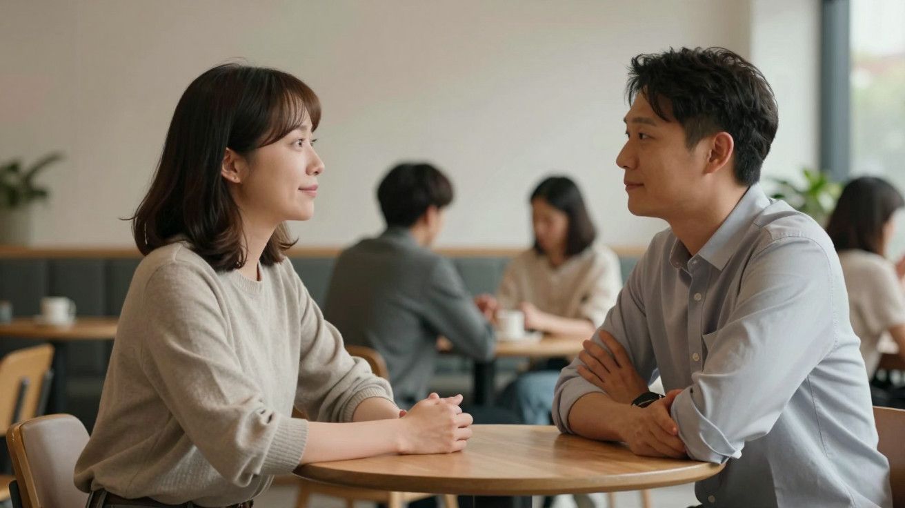 Duas pessoas sentadas à mesa num café, olhando-se e sorrindo, com outras pessoas desfocadas ao fundo.