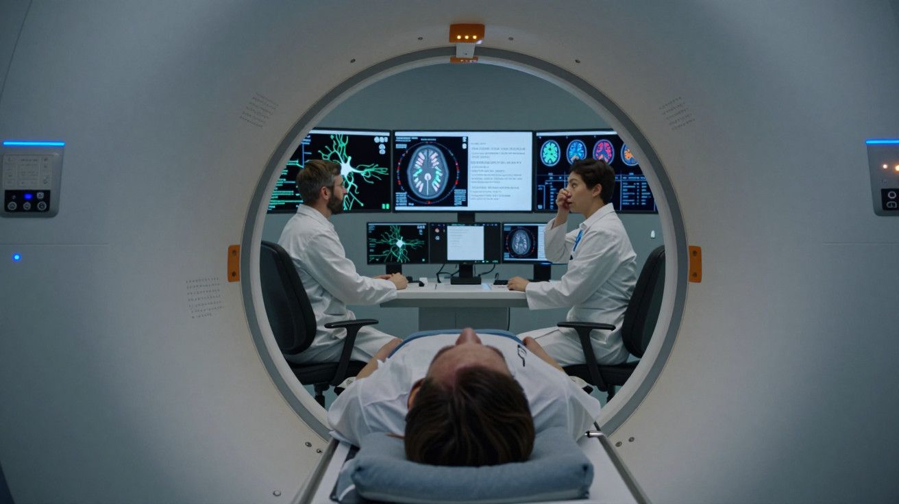 Homem deitado numa máquina de ressonância magnética, com dois médicos analisando imagens cerebrais em monitores.