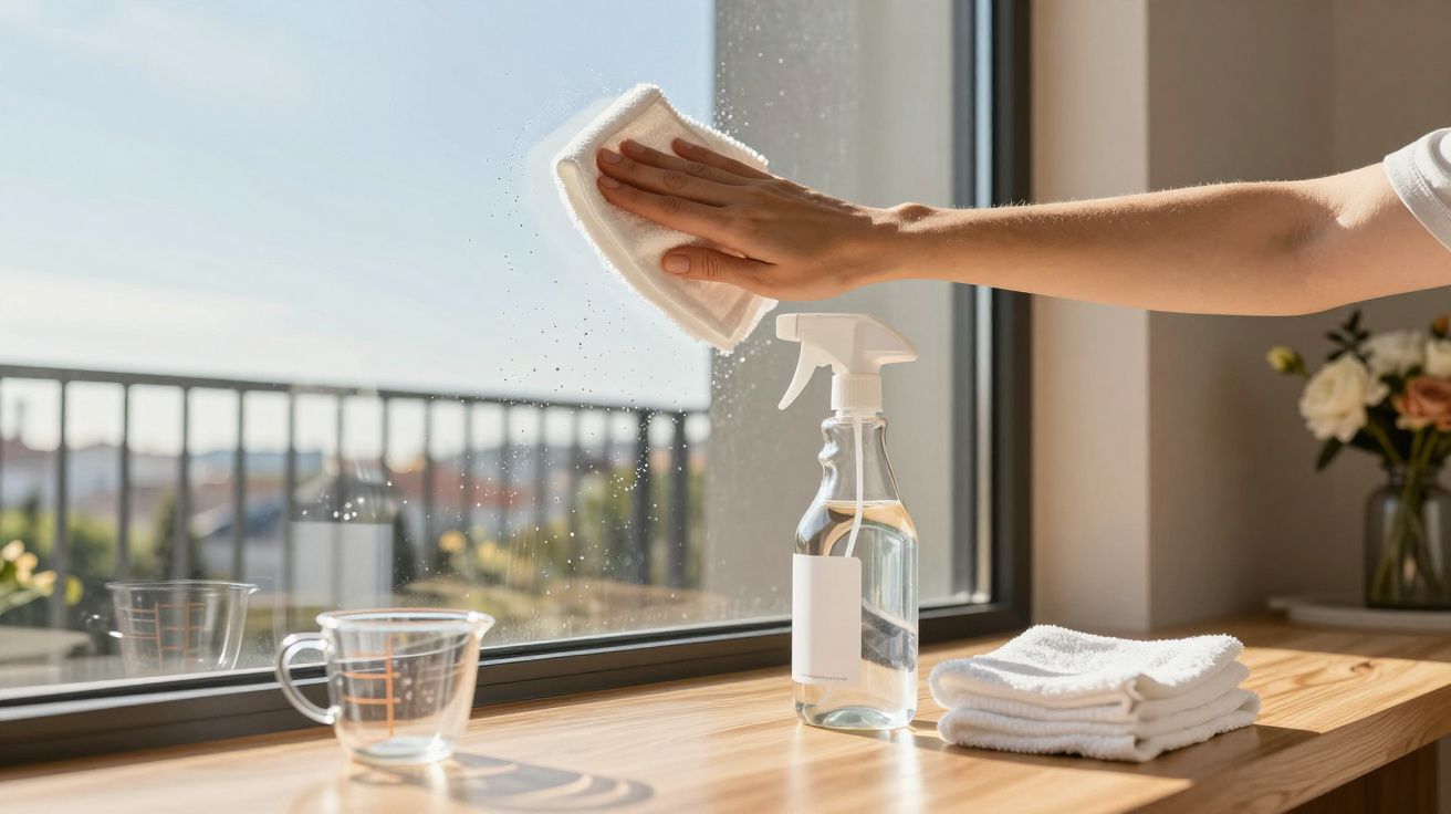 Mão a limpar janela com pano branco, spray de limpeza e flores ao fundo.