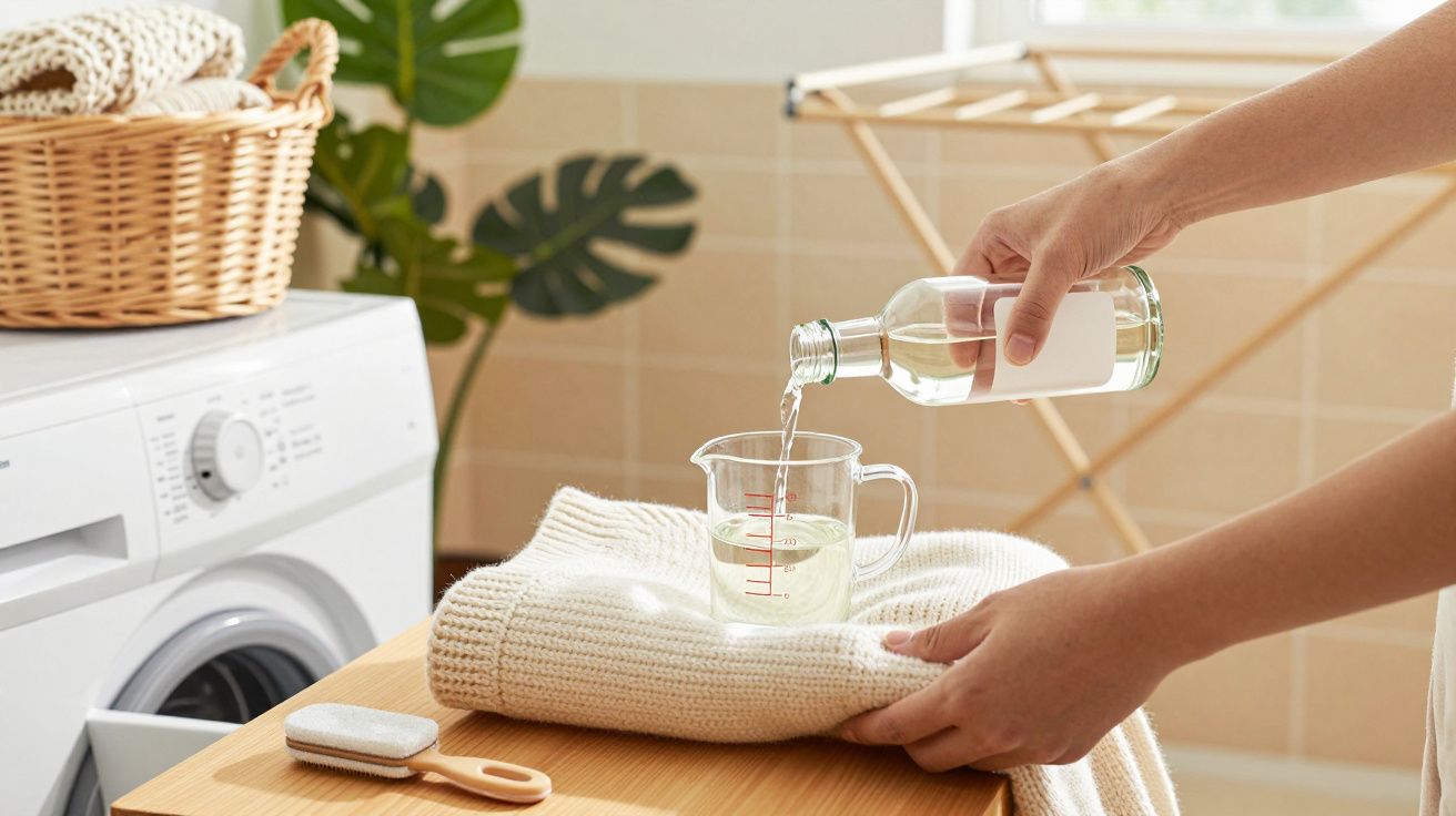 Pessoa a verter líquido num copo medidor ao lado de uma máquina de lavar e cesto de roupa.