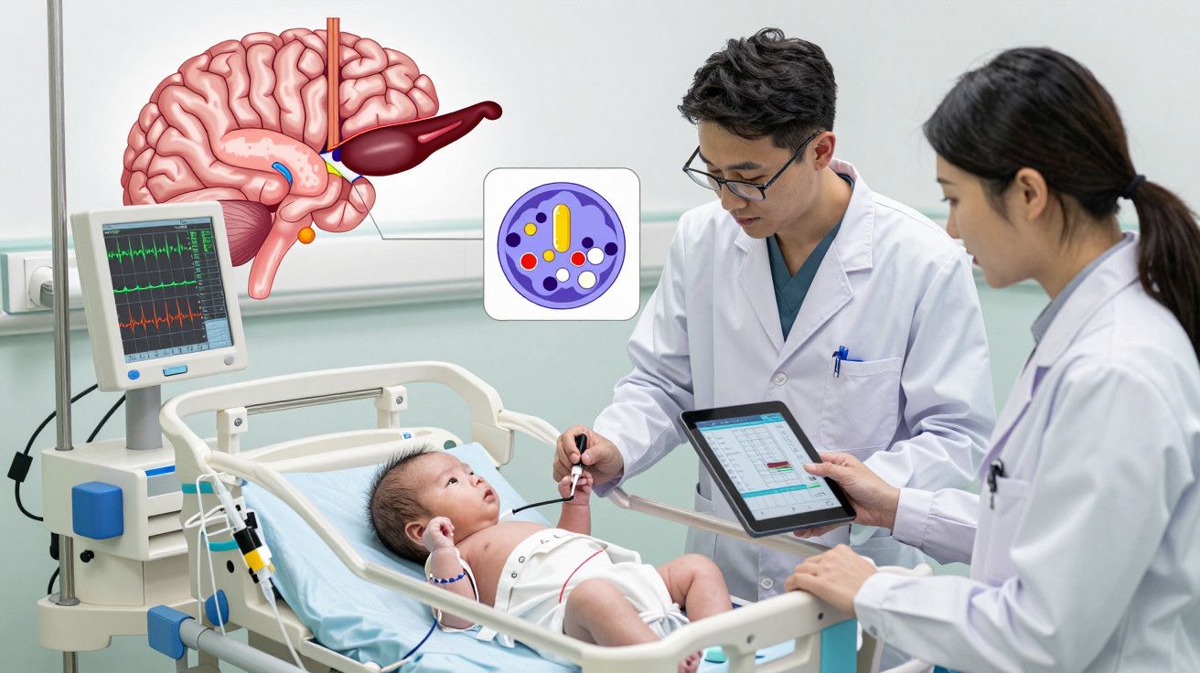 Dois médicos avaliam um bebé num berço hospitalar, com ilustrações de cérebro e gráficos na imagem.