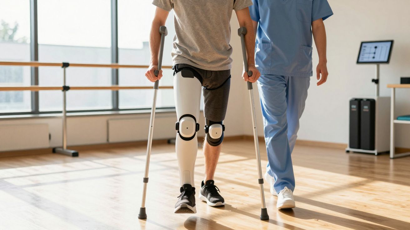 Homem com prótese na perna usa muletas, acompanhado por profissional de saúde num estúdio de fisioterapia claro.