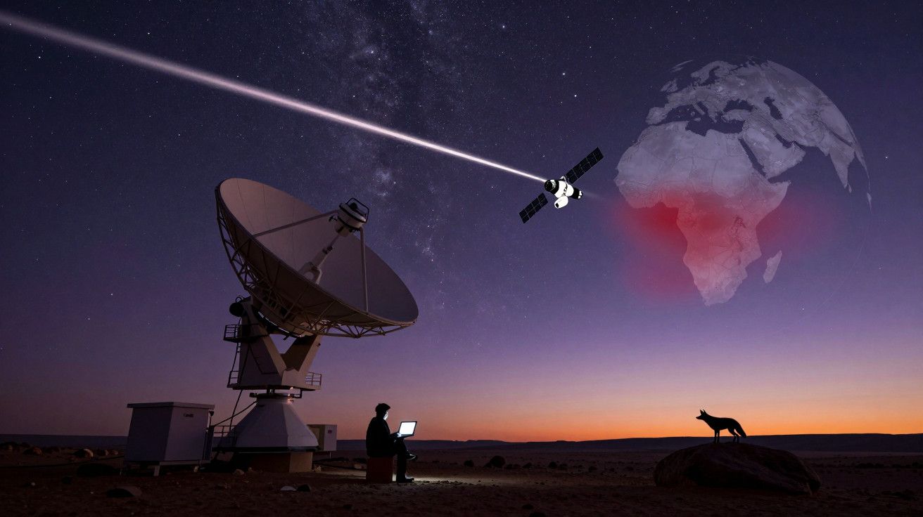 Pessoa com portátil ao lado de antena parabólica dirigida para satélite, céu estrelado e silhueta de cão.