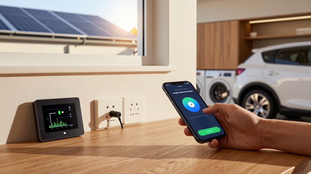 Pessoa usa app de energia em smartphone, ao lado de monitor sob janela com painéis solares ao fundo e carro na garagem.
