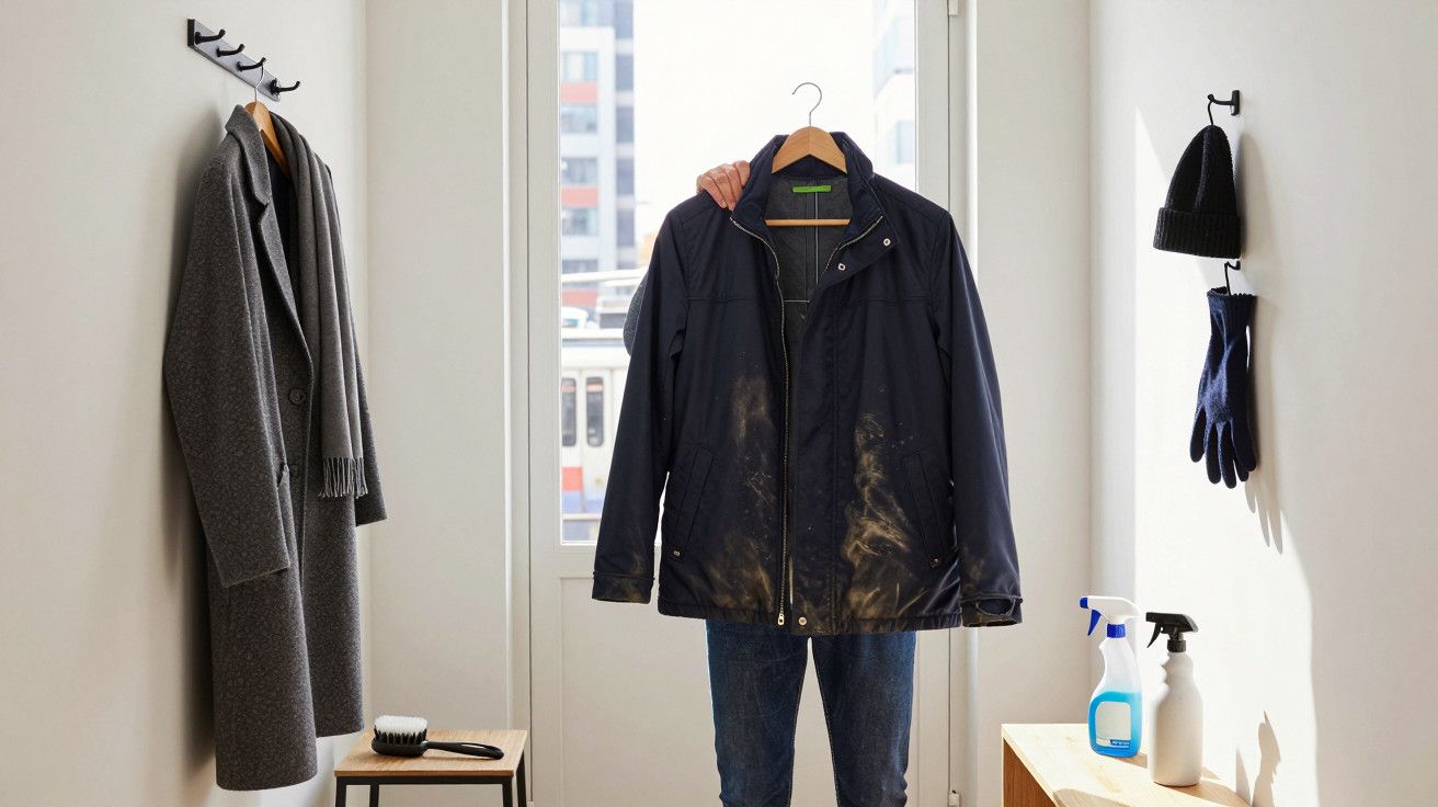 Entrada com casaco e calças sujos pendurados, chapéu, luvas, casaco cinza, cachecol, escova, e produtos de limpeza.