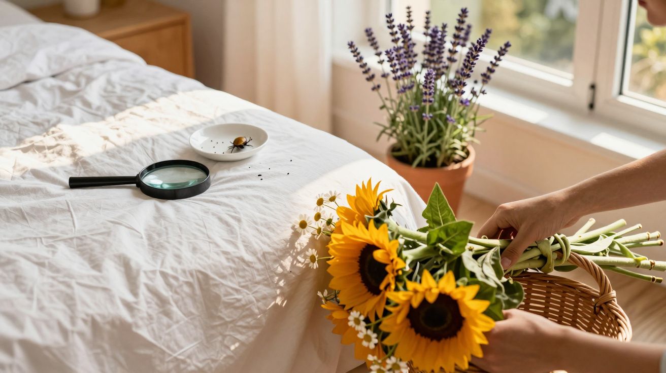 Cesta com girassóis e margaridas ao lado de uma cama, lupa e prato com inseto; vaso de lavanda no fundo.
