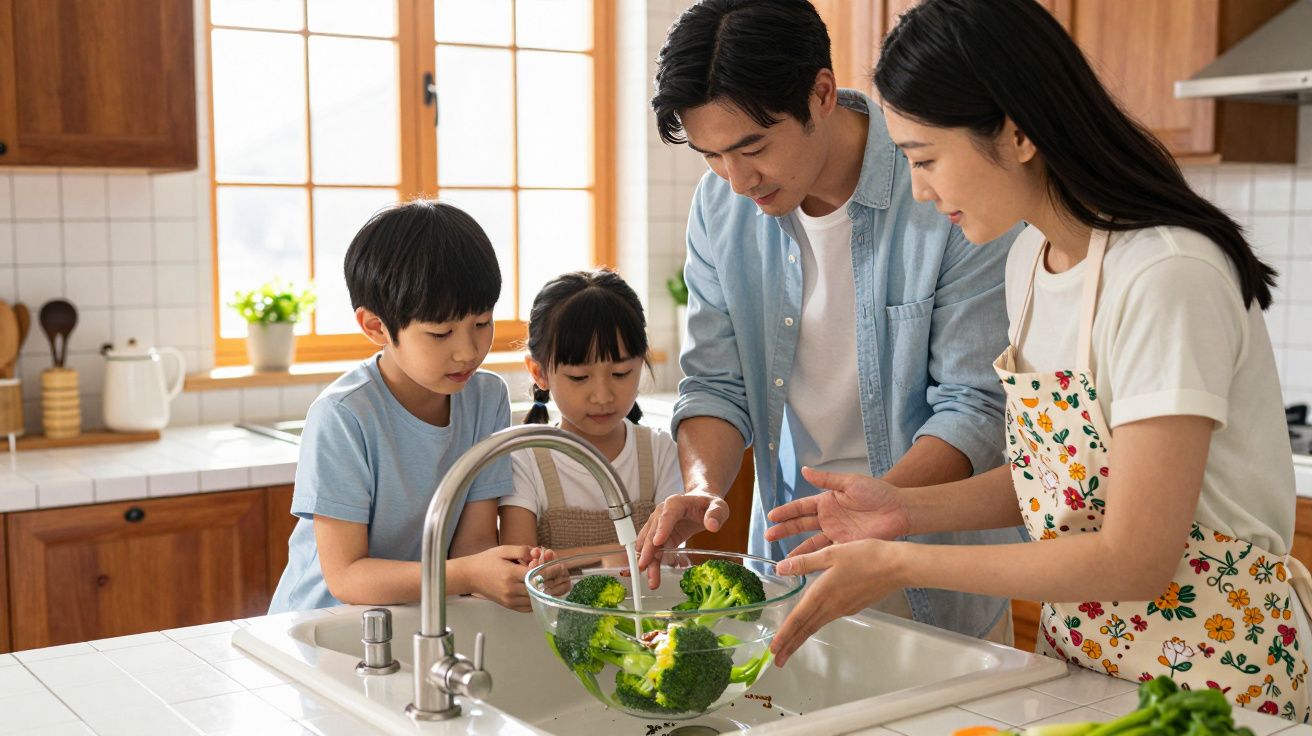 Família na cozinha a lavar brócolos numa pia, os pais e duas crianças participam na atividade juntos.