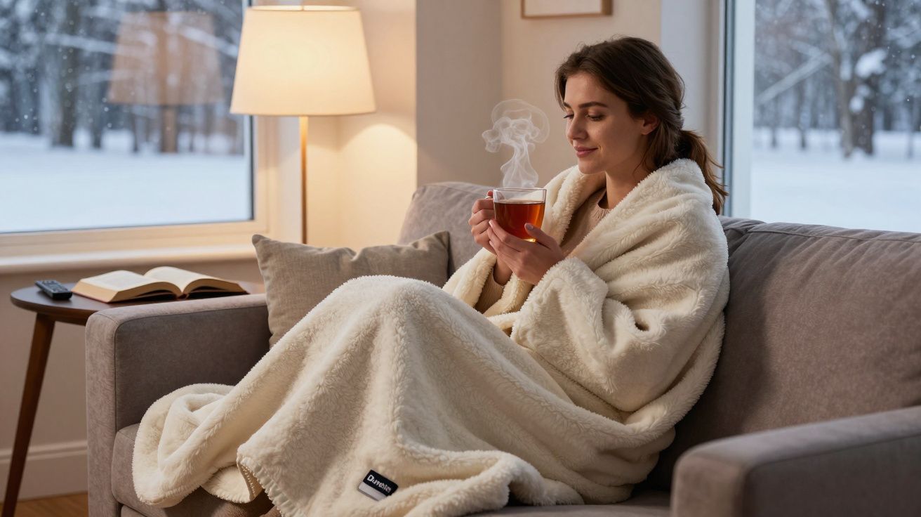 Mulher aconchegada num sofá com manta, segurando uma chávena de chá quente, ao lado de uma janela com neve do lado de fora.