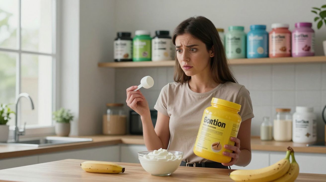 Mulher em cozinha, segurando embalagem amarela de suplemento e colher doseadora, com tigela de iogurte e bananas na mesa.