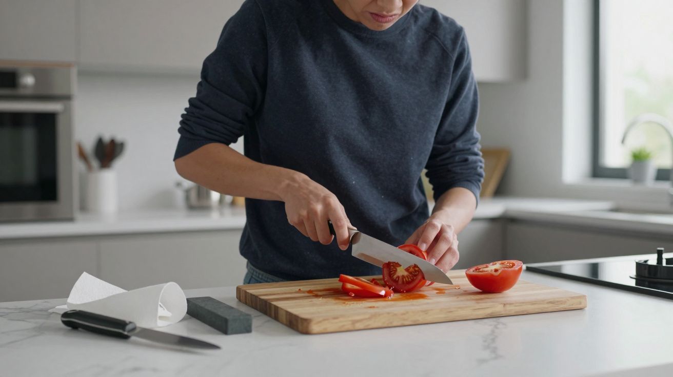 Pessoa a cortar um tomate em tábua de madeira numa cozinha moderna.