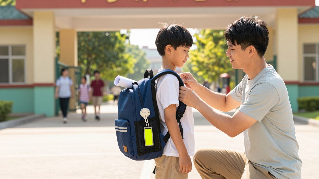 Pai arruma a mochila do filho em frente à escola, com alunos ao fundo em dia ensolarado.