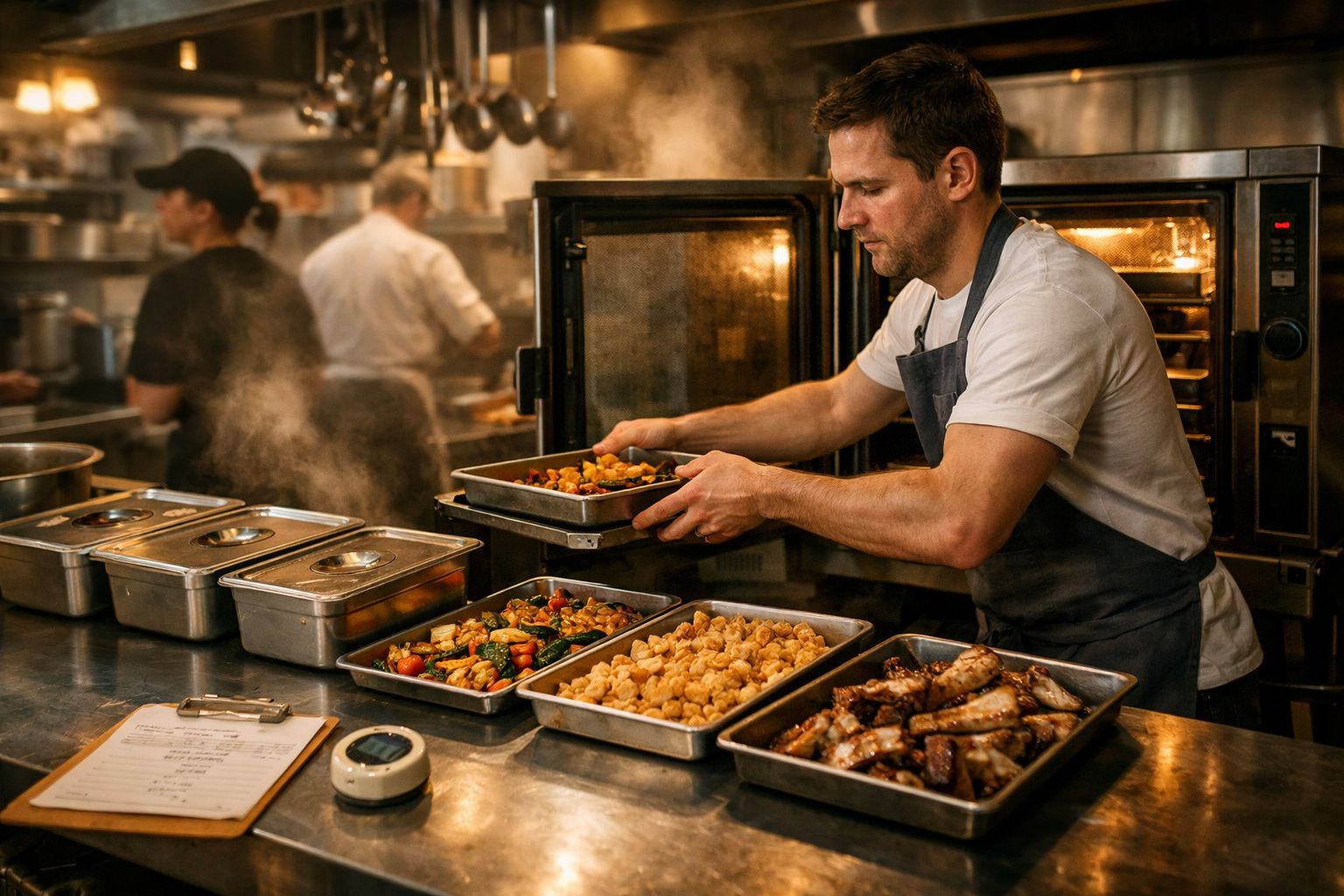 Cozinheiros numa cozinha profissional preparam pratos variados, com assadeira no forno e salada de frutas na bancada.