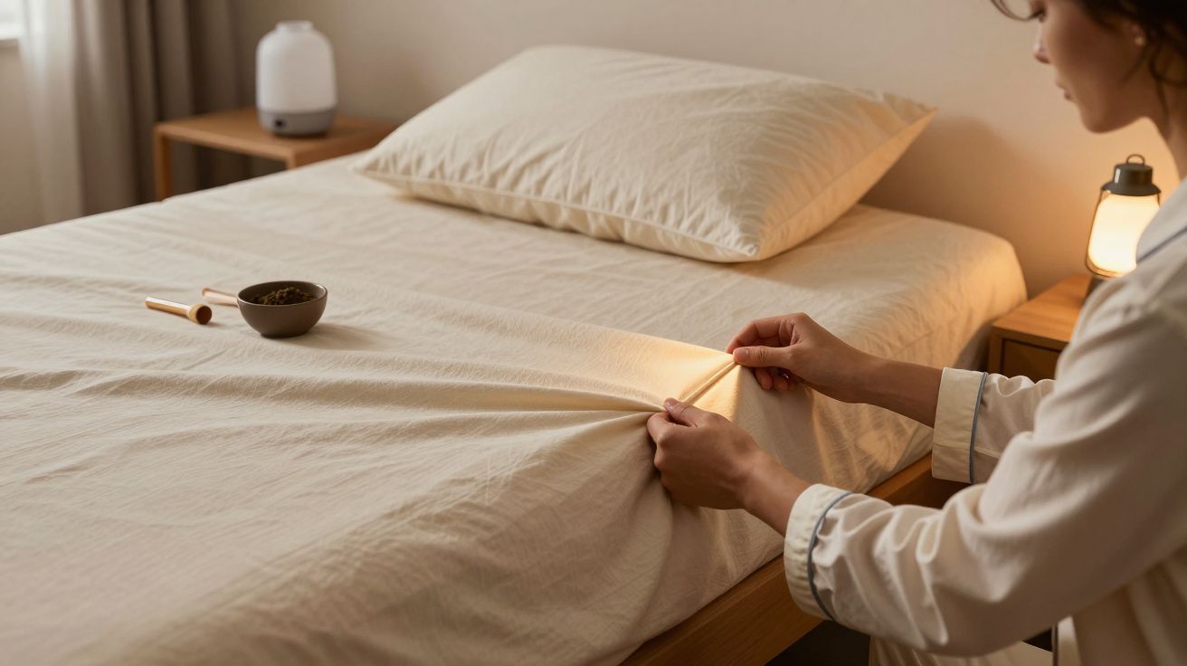 Pessoa a alisar lençol bege em cama arrumada com mesa de cabeceira e luz suave ao fundo.