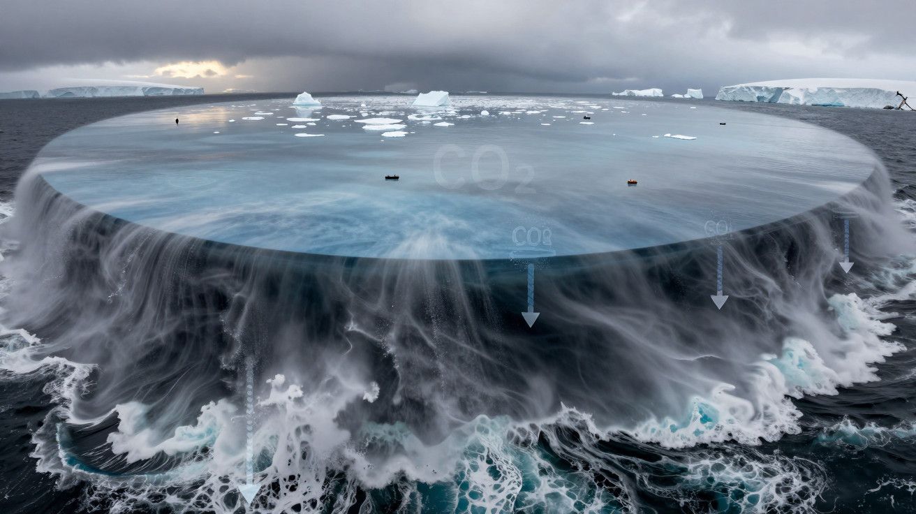 Ilustração de um oceano em formato de disco, com gráficos de CO₂ e gelo no topo, contra um céu nublado.