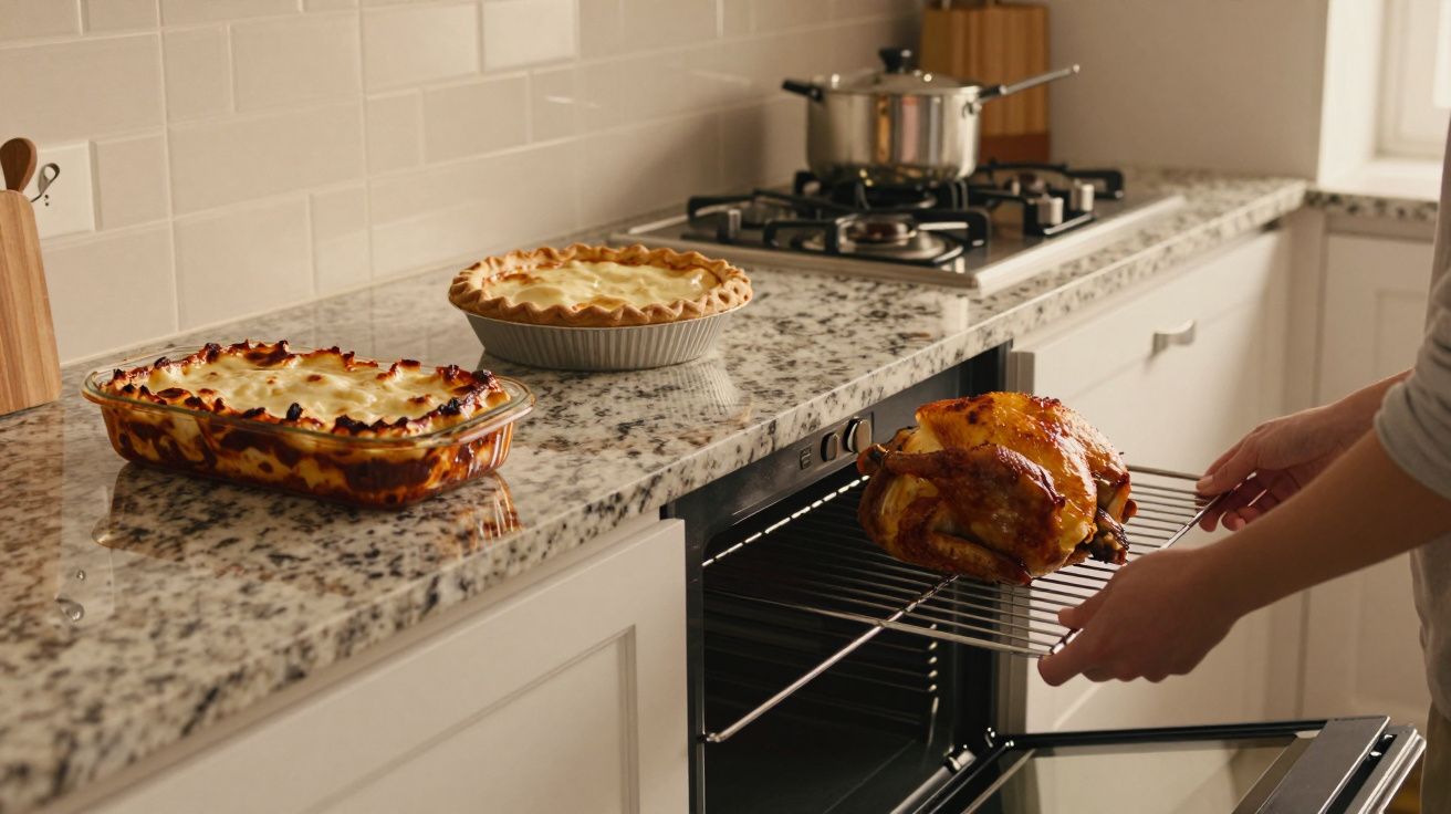 Pessoa a retirar frango assado do forno; lasanha e tarte sobre bancada de mármore na cozinha iluminada.