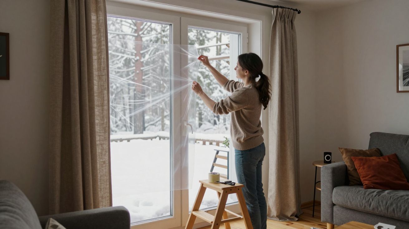 Mulher aplica película na janela de sala com neve lá fora; móveis e cortinas ao redor.