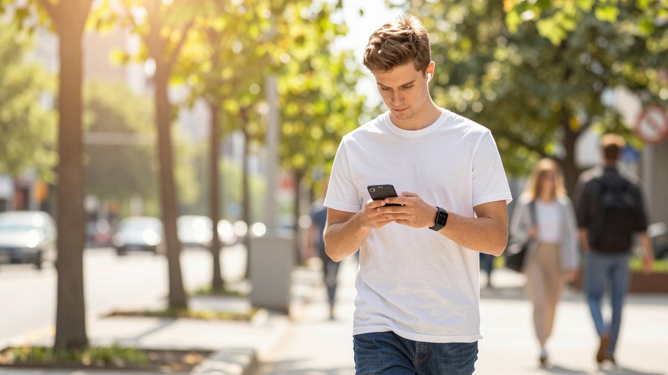 Jovem a caminhar na rua ensolarada, olhando para o telemóvel, com auriculares, vestido de t-shirt branca e jeans.