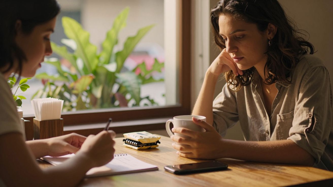 Duas mulheres numa mesa de café, uma escreve num caderno e a outra segura uma caneca, com plantas ao fundo.