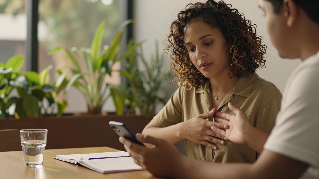 Mulher com expressão séria conversa com homem enquanto olha para telemóvel; caderno, copo e plantas ao fundo.