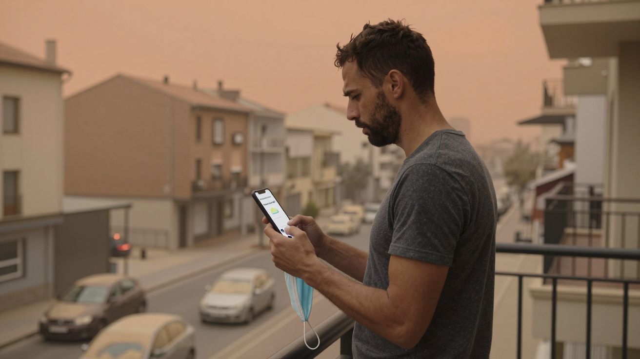 Homem com máscara na mão, em varanda, utiliza smartphone. Céu alaranjado e rua movimentada ao fundo.