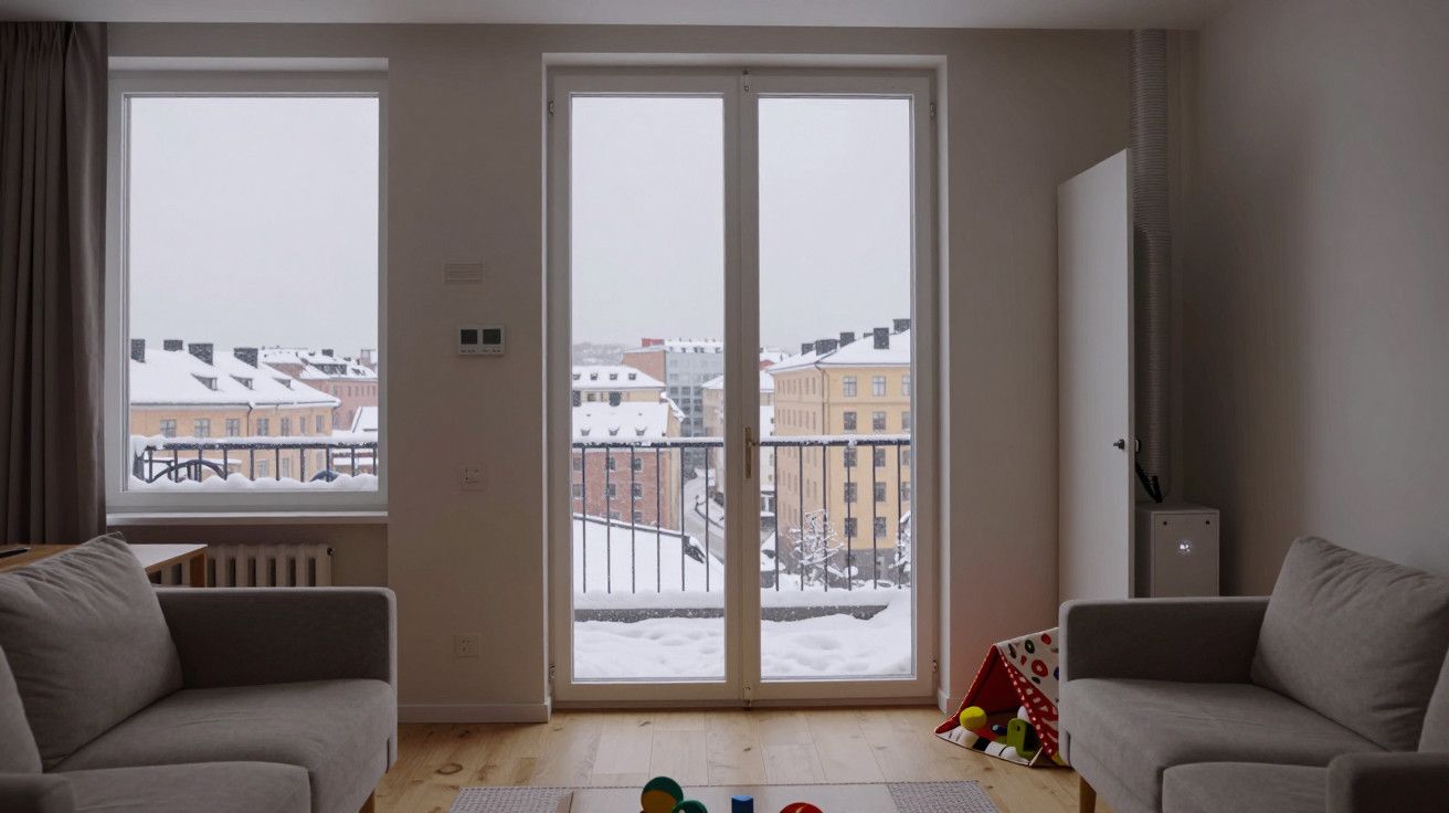 Sala de estar com sofás cinza, janela ampla e vista para edifícios nevados ao fundo. Brinquedos coloridos no chão.