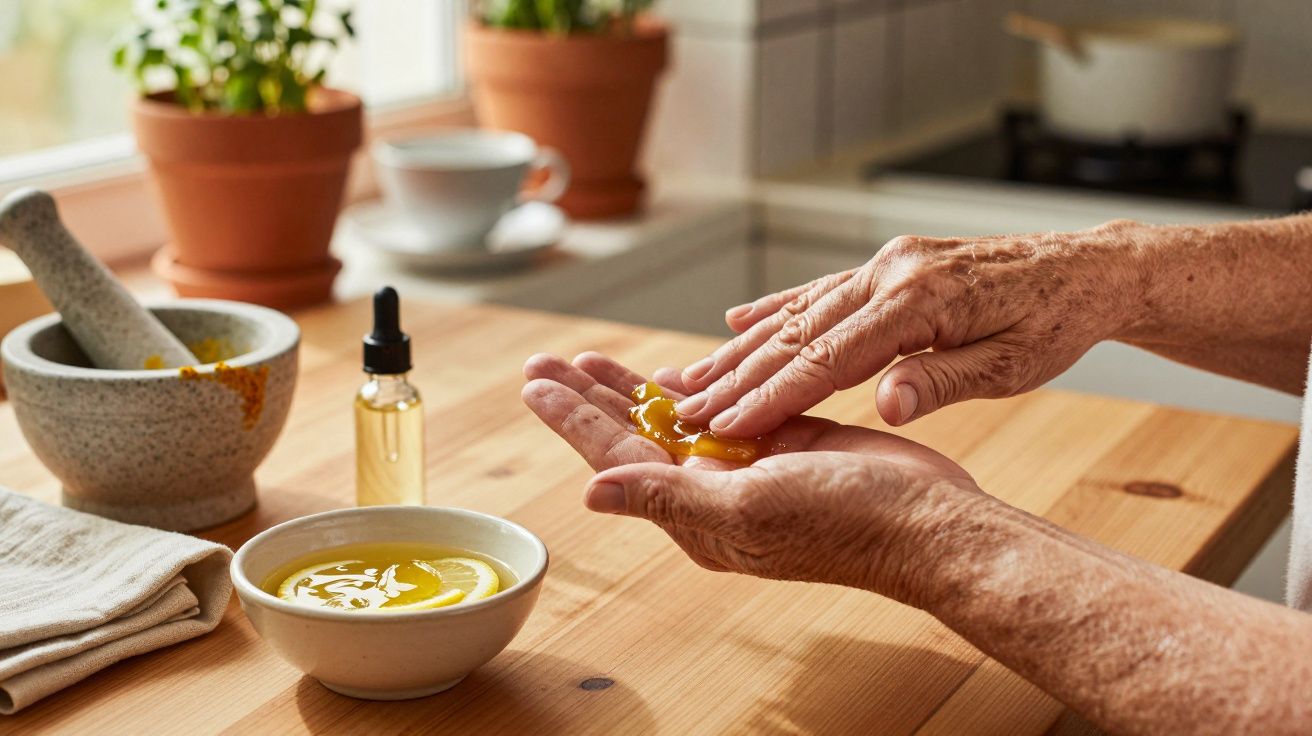 Mãos de pessoa idosa aplicando creme amarelo nas palmas, mesa com taça, almofariz e plantas ao fundo.