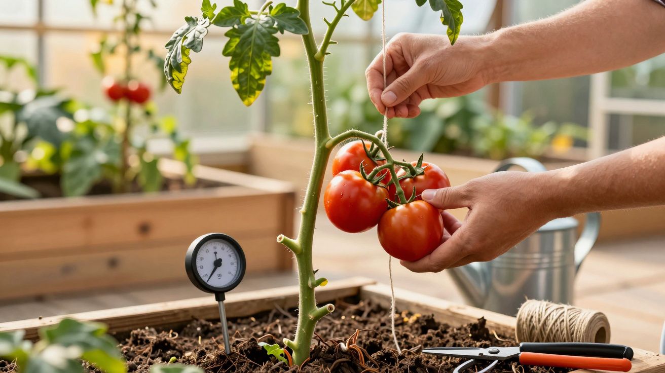 Mãos amarram tomateiro em estufa, com tomates maduros, tesoura, fio e termómetro no solo.