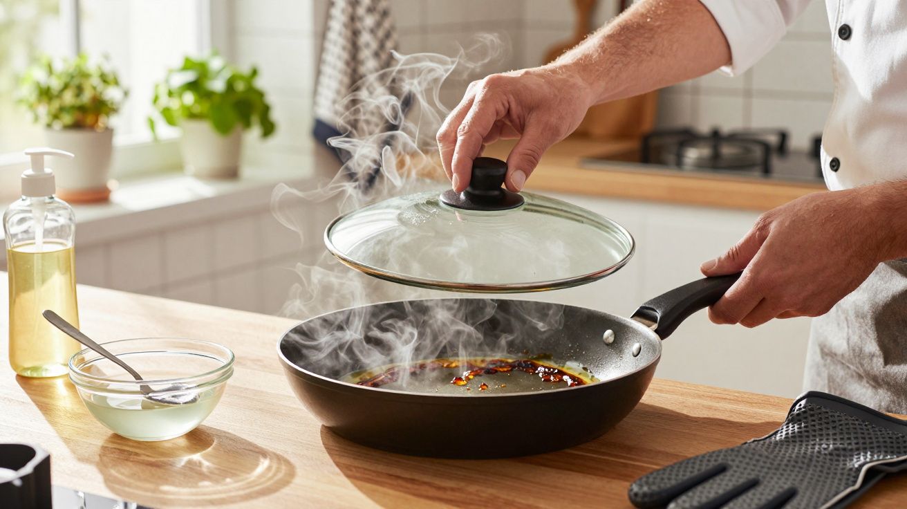 Pessoa a levantar a tampa de uma frigideira com vapor na cozinha, com ingredientes à volta.