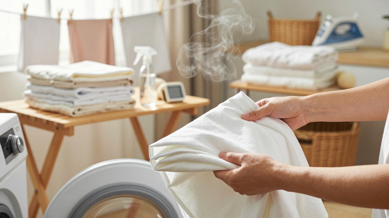 Pessoa a segurar toalha branca quente e fumegante, ao lado de máquina de lavar, com roupa dobrada ao fundo.