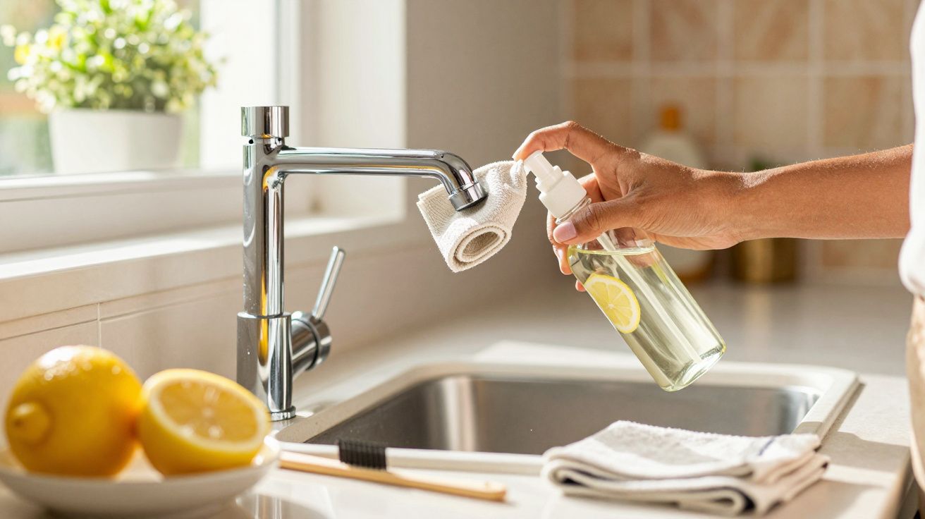 Pessoa limpa torneira de cozinha com spray de limão, ao lado de limões e pano sobre a bancada.