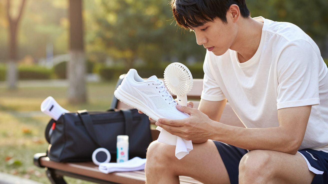 Homem sentado num banco limpa ténis brancos com pano, mochila preta ao lado.