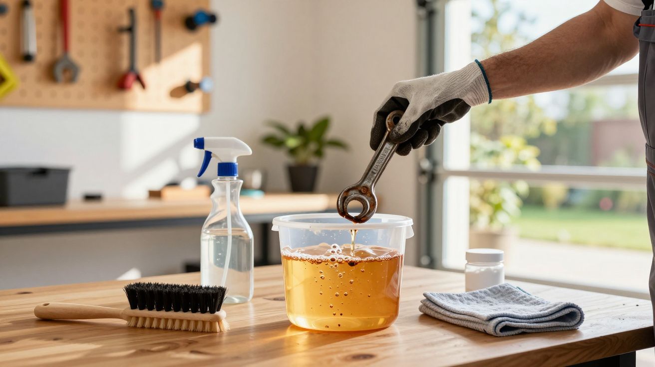 Pessoa com luvas de proteção limpa chave de bocas numa oficina, com balde, escova e líquido de limpeza sobre a mesa.