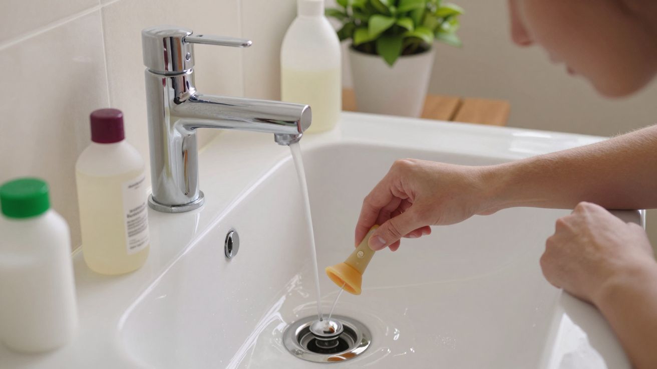 Pessoa a lavar um copo menstrual numa bacia de casa de banho, com várias garrafas e uma planta ao fundo.