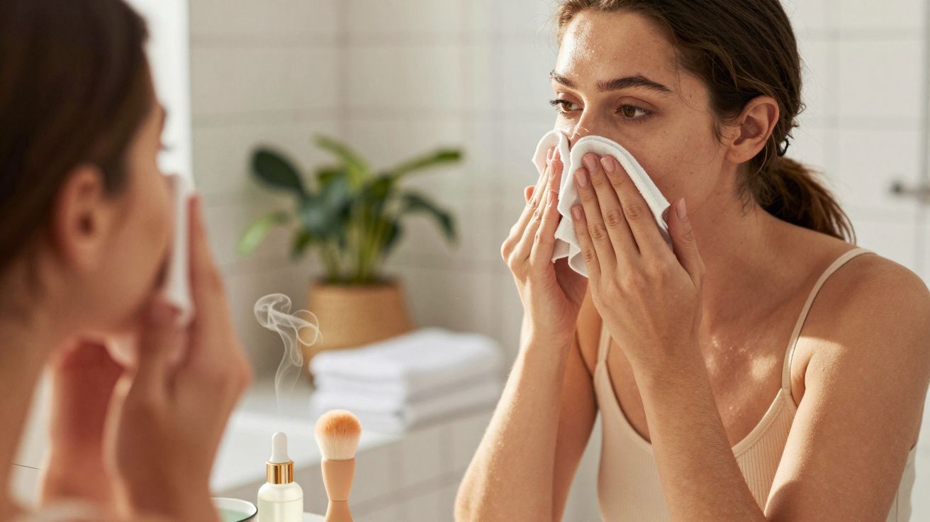 Mulher no espelho limpa o rosto com toalha, ambiente de casa de banho, plantas e produtos de beleza ao fundo.