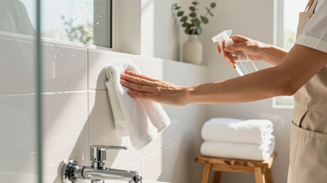Pessoa a limpar a parede da casa de banho com um pano branco e spray, junto a uma torneira metálica e toalhas dobradas.