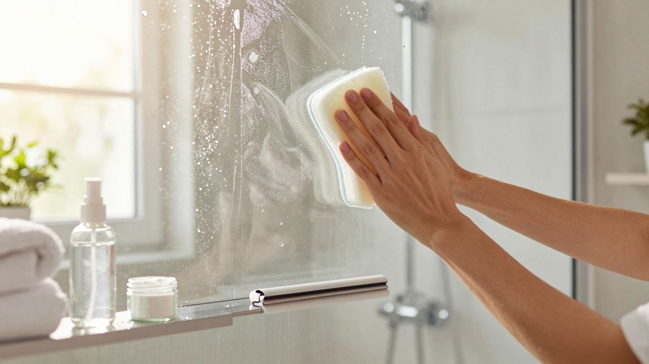 Pessoa limpa vidro do duche com uma esponja, frascos e toalhas ao lado.