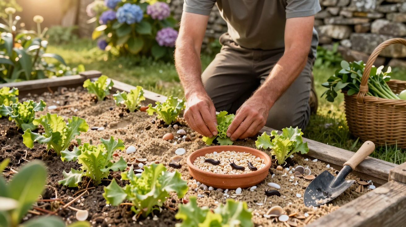 Pessoa a jardinar, plantando alfaces em canteiro, com terra, sementes e conchas ao redor. Cesta cheia de vegetais ao lado.