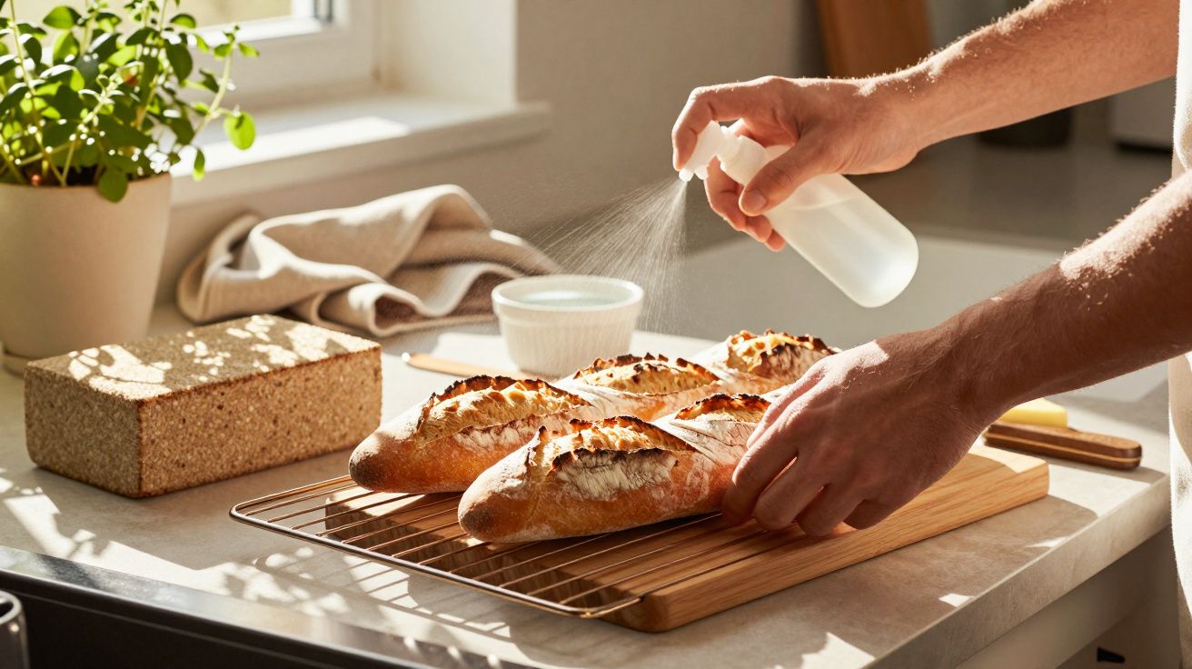 Homem vaporizando pães acabados de cozer em cima de uma tábua de madeira na cozinha iluminada pelo sol.