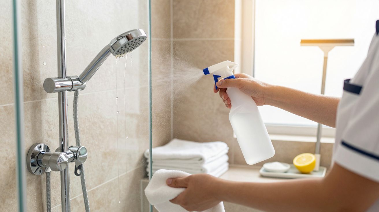 Pessoa a limpar chuveiro com spray e pano branco numa casa de banho clara.