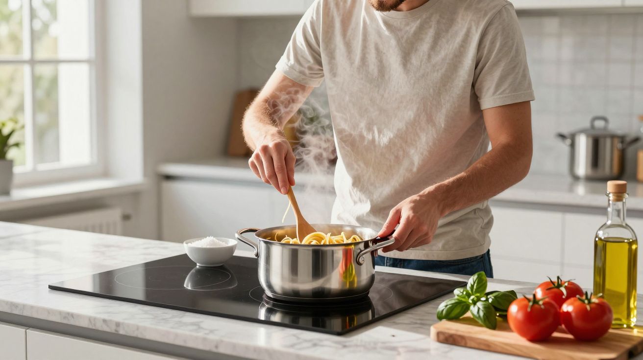 Pessoa a cozinhar massa numa panela em fogão moderno, com ingredientes frescos ao lado.