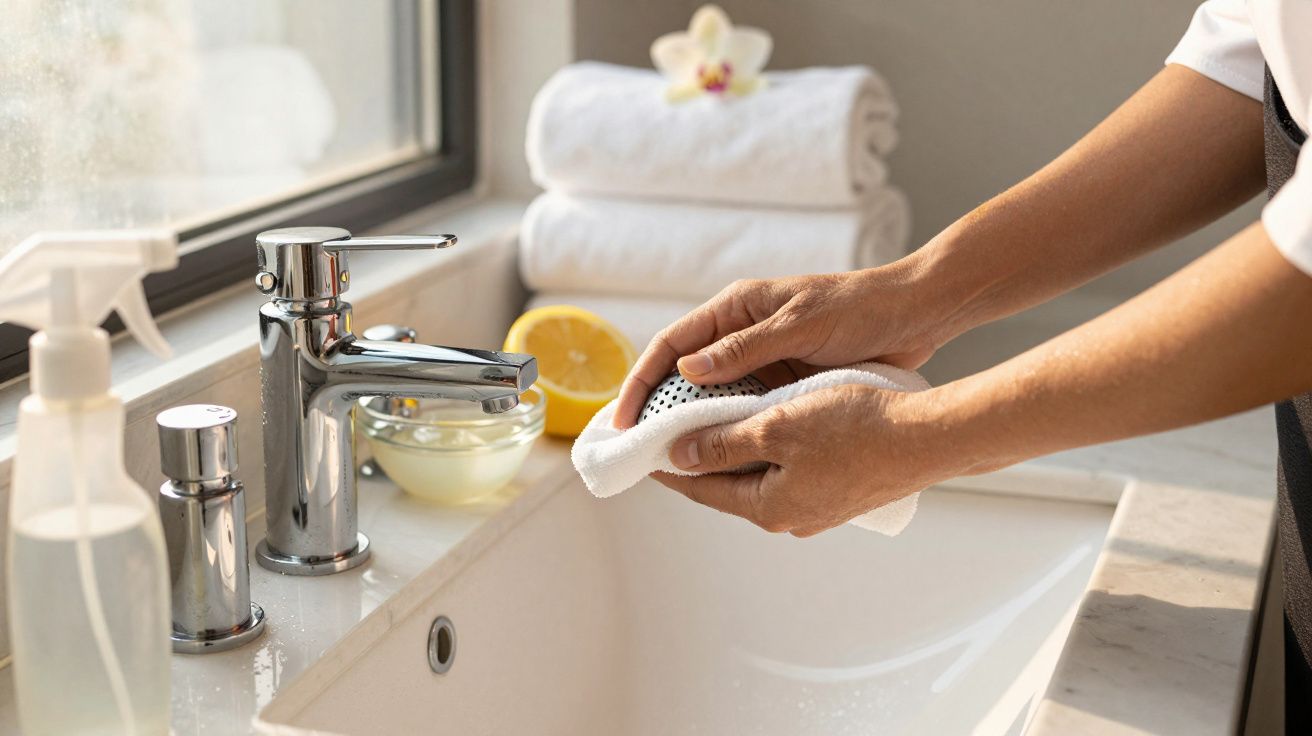 Mãos limpando torneira de casa de banho com pano, sabonete na bancada e toalhas brancas ao fundo.
