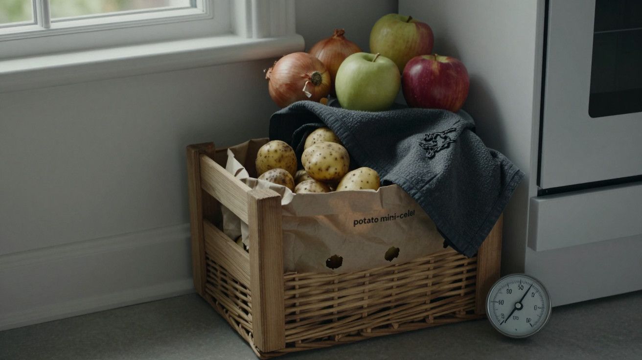 Caixa de vime com batatas, maçãs e cebolas perto de janela, coberta parcialmente com pano cinza. Relógio no chão.
